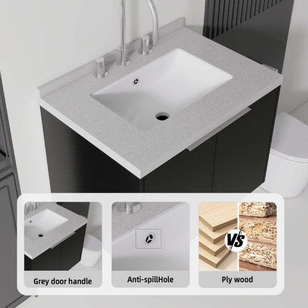 English Elm 24 Inch Floating Bathroom Vanity Matte Black Plywood Cabinet Cultured Marble Top B2775S00100