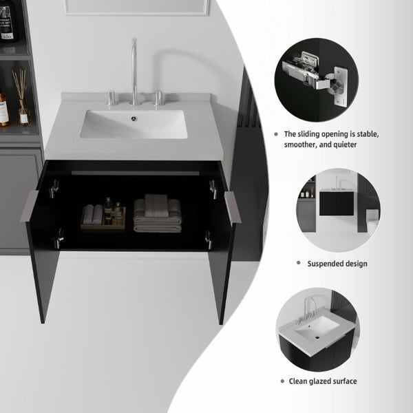 English Elm 24 Inch Floating Bathroom Vanity Matte Black Plywood Cabinet Cultured Marble Top B2775S00100