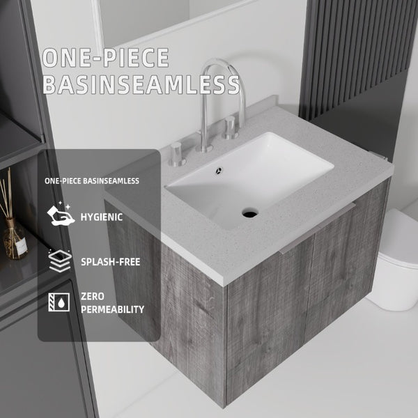 English Elm 24 Inch Floating Bathroom Vanity with Undermount Sink and Cultured Marble Grey Cabinet B2775S00101