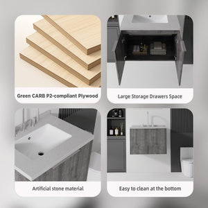 English Elm 24 Inch Floating Bathroom Vanity with Undermount Sink and Cultured Marble Grey Cabinet B2775S00101