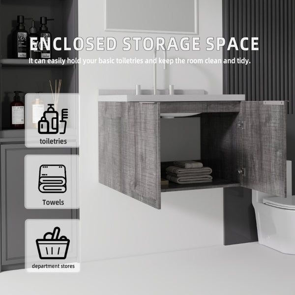 English Elm 24 Inch Floating Bathroom Vanity with Undermount Sink and Cultured Marble Grey Cabinet B2775S00101