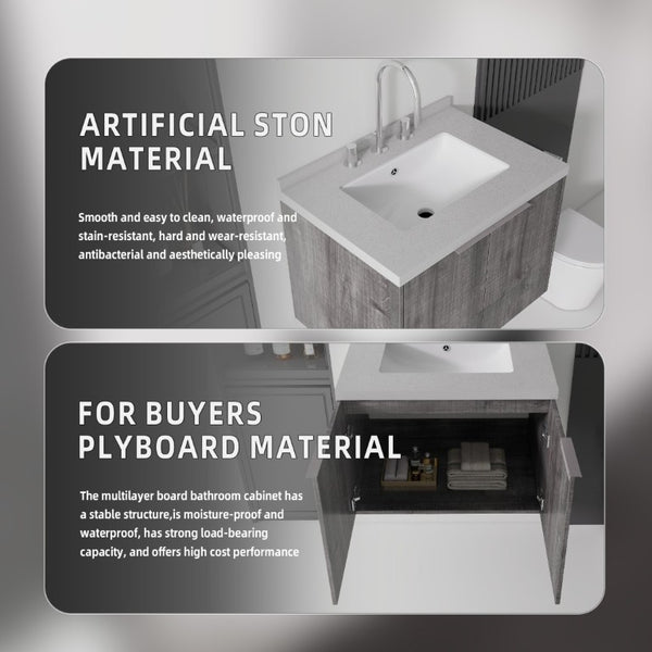 English Elm 24 Inch Floating Bathroom Vanity with Undermount Sink and Cultured Marble Grey Cabinet B2775S00101