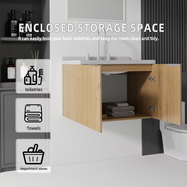 English Elm 24 Inch Floating Bathroom Vanity Plywood Cabinet Cultured Marble Undermount Sink B2775S00102