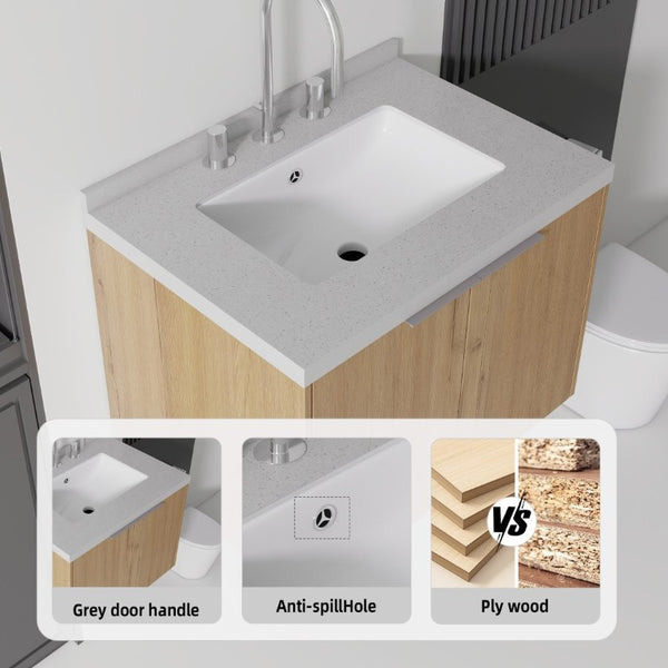 English Elm 24 Inch Floating Bathroom Vanity Plywood Cabinet Cultured Marble Undermount Sink B2775S00102