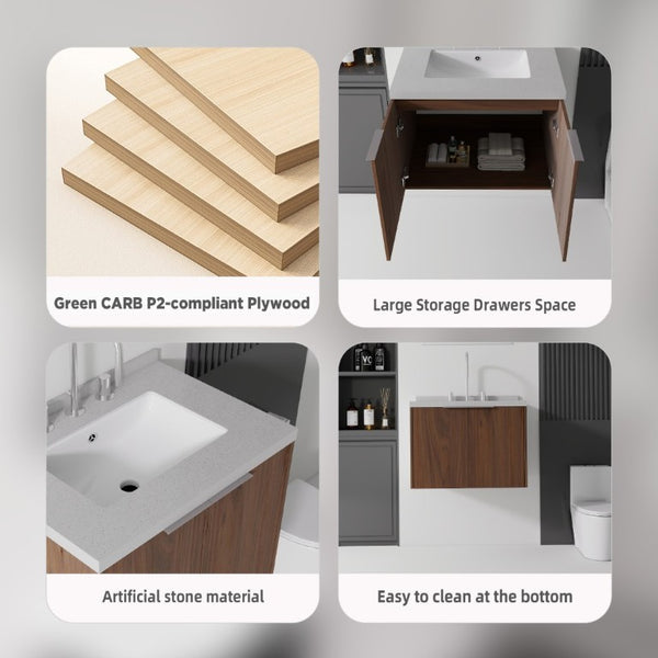English Elm 24 Inch Wall Mounted Floating Vanity with Cultured Marble Sink and Soft Close Storage B2775S00103