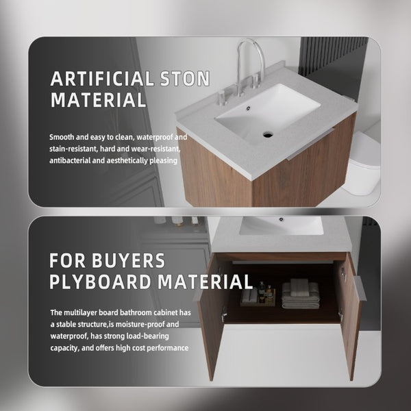 English Elm 24 Inch Wall Mounted Floating Vanity with Cultured Marble Sink and Soft Close Storage B2775S00103