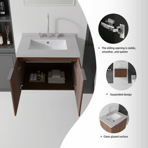 English Elm 24 Inch Wall Mounted Floating Vanity with Cultured Marble Sink and Soft Close Storage B2775S00103