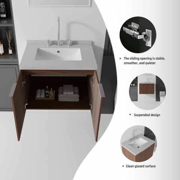English Elm 24 Inch Wall Mounted Floating Vanity with Cultured Marble Sink and Soft Close Storage B2775S00103