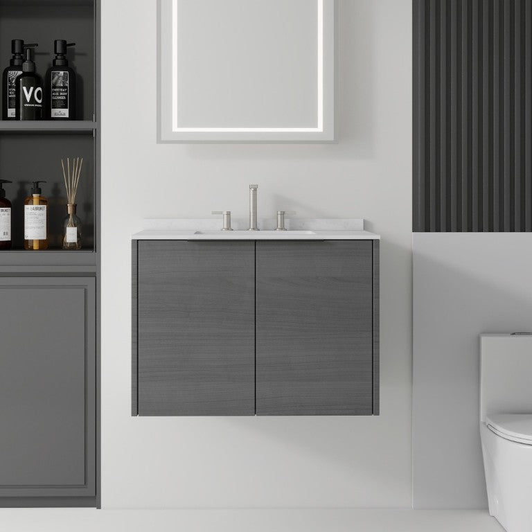 English Elm 30 Inch Wall Mounted Bathroom Vanity with Cultured Marble Top and Soft Close Door Grey Carrara White - A B2775S00104