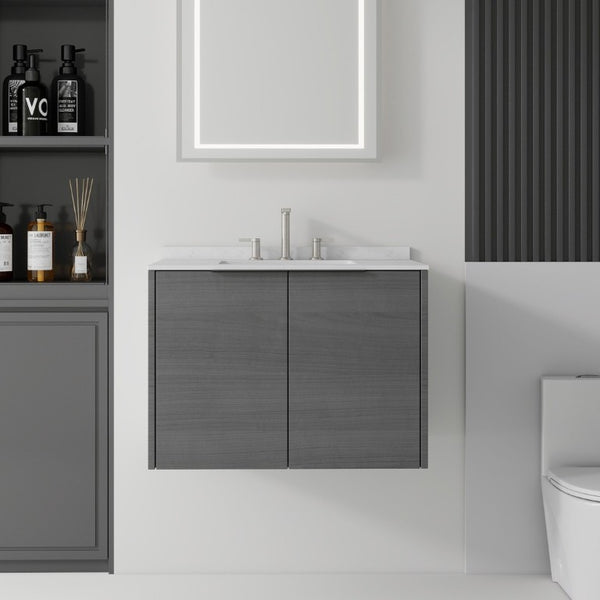 English Elm 30 Inch Wall Mounted Bathroom Vanity with Cultured Marble Top and Soft Close Door Grey Carrara White - A B2775S00104