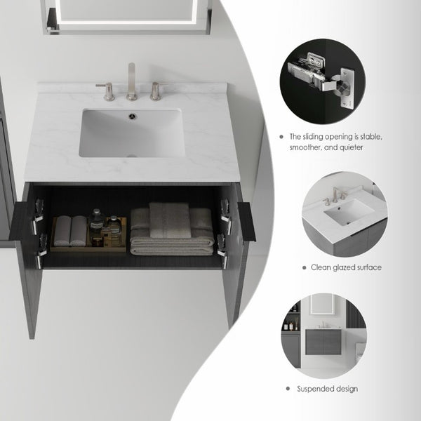 English Elm 30 Inch Wall Mounted Bathroom Vanity with Cultured Marble Top and Soft Close Door Grey Carrara White - A B2775S00104