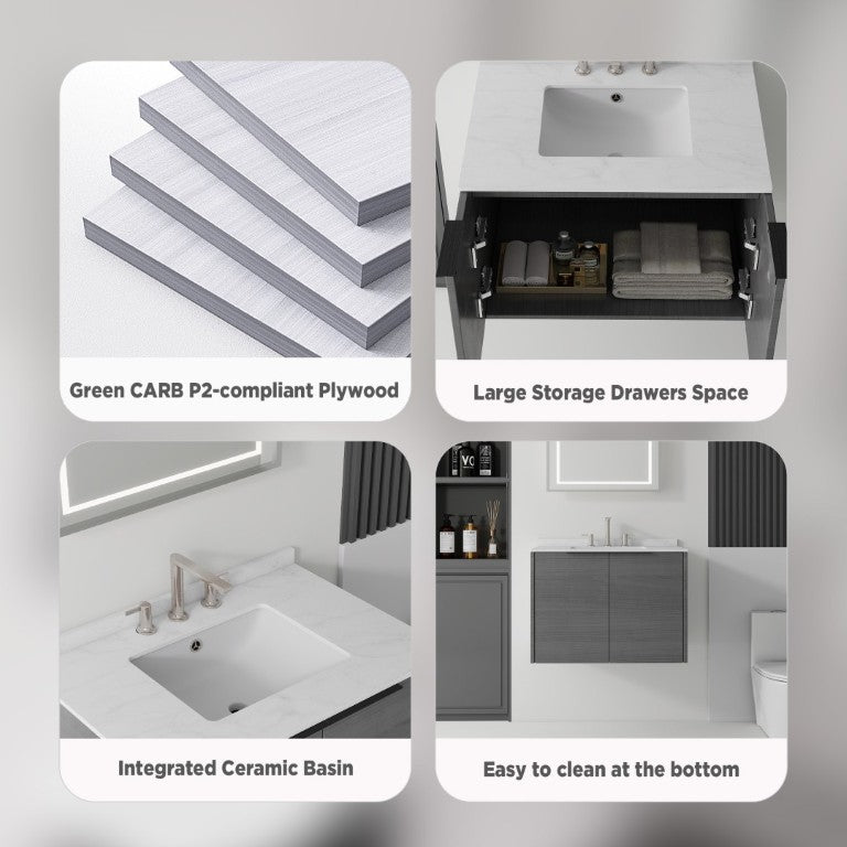 English Elm 30 Inch Wall Mounted Bathroom Vanity with Cultured Marble Top and Soft Close Door Grey Carrara White - A B2775S00104