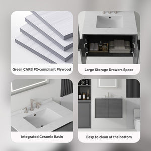 English Elm 30 Inch Wall Mounted Bathroom Vanity with Cultured Marble Top and Soft Close Door Grey Carrara White - A B2775S00104