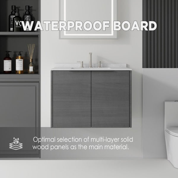 English Elm 30 Inch Wall Mounted Bathroom Vanity with Cultured Marble Top and Soft Close Door Grey Carrara White - A B2775S00104