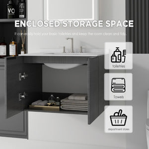 English Elm 30 Inch Wall Mounted Bathroom Vanity with Cultured Marble Top and Soft Close Door Grey Carrara White - A B2775S00104