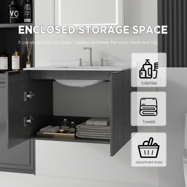 English Elm 30 Inch Wall Mounted Bathroom Vanity with Cultured Marble Top and Soft Close Door Grey Carrara White - A B2775S00104