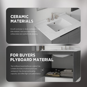 English Elm 30 Inch Wall Mounted Bathroom Vanity with Cultured Marble Top and Soft Close Door Grey Carrara White - A B2775S00104