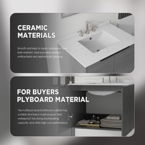 English Elm 30 Inch Wall Mounted Bathroom Vanity with Cultured Marble Top and Soft Close Door Grey Carrara White - A B2775S00104