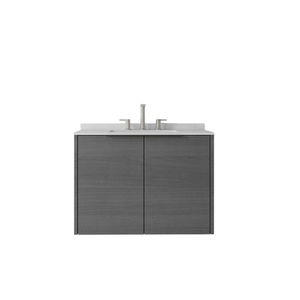 English Elm 30 Inch Wall Mounted Bathroom Vanity with Cultured Marble Top and Soft Close Door Grey Carrara White - A B2775S00104
