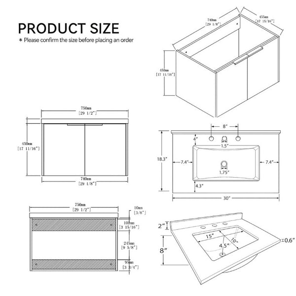 English Elm 30 Inch Wall Mounted Bathroom Vanity with Cultured Marble Top and Soft Close Door Grey Carrara White - A B2775S00104
