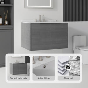 English Elm 30 Inch Wall Mounted Bathroom Vanity with Cultured Marble Top and Soft Close Door Grey Carrara White - A B2775S00104