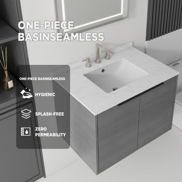 English Elm 30 Inch Wall Mounted Bathroom Vanity with Cultured Marble Top and Soft Close Door Grey Carrara White - A B2775S00104