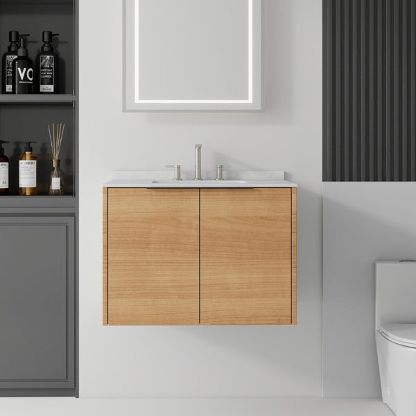 English Elm 30 Inch Wall Mounted Bathroom Vanity with Cultured Marble Top and Soft Close Door Oak Carrara White - A B2775S00105