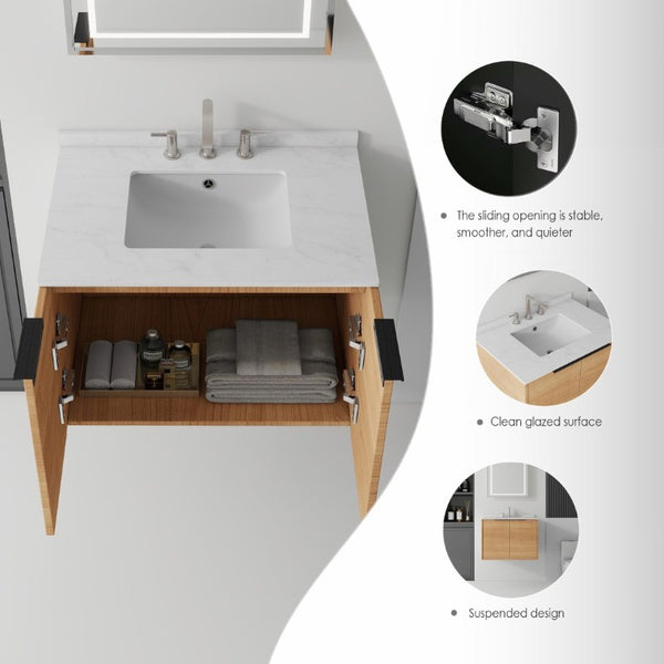 English Elm 30 Inch Wall Mounted Bathroom Vanity with Cultured Marble Top and Soft Close Door Oak Carrara White - A B2775S00105