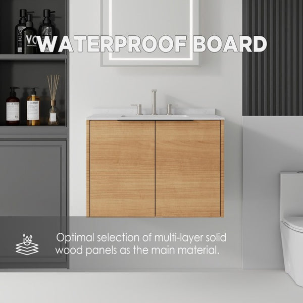 English Elm 30 Inch Wall Mounted Bathroom Vanity with Cultured Marble Top and Soft Close Door Oak Carrara White - A B2775S00105