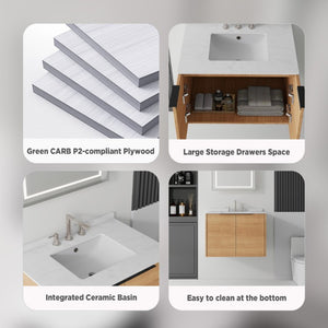 English Elm 30 Inch Wall Mounted Bathroom Vanity with Cultured Marble Top and Soft Close Door Oak Carrara White - A B2775S00105
