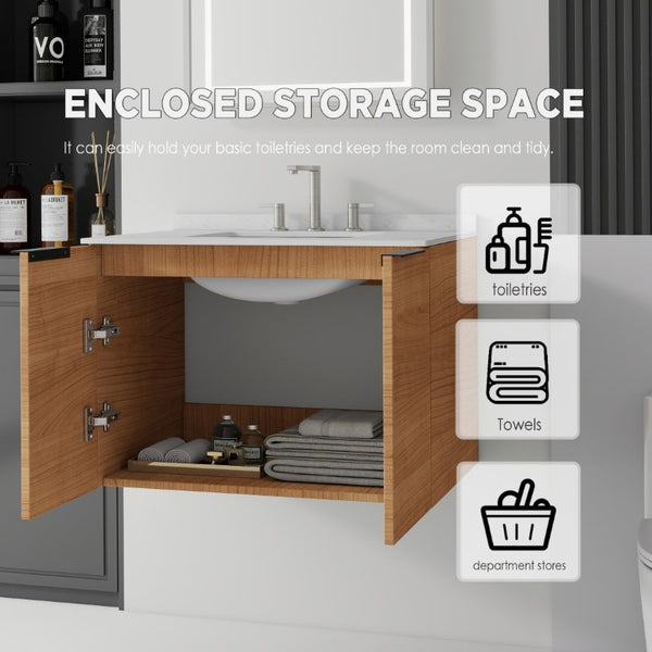 English Elm 30 Inch Wall Mounted Bathroom Vanity with Cultured Marble Top and Soft Close Door Oak Carrara White - A B2775S00105
