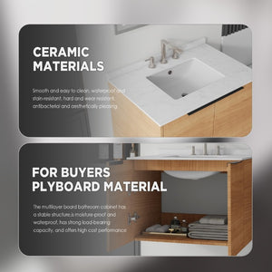 English Elm 30 Inch Wall Mounted Bathroom Vanity with Cultured Marble Top and Soft Close Door Oak Carrara White - A B2775S00105