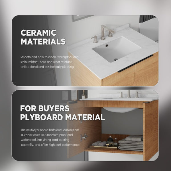 English Elm 30 Inch Wall Mounted Bathroom Vanity with Cultured Marble Top and Soft Close Door Oak Carrara White - A B2775S00105