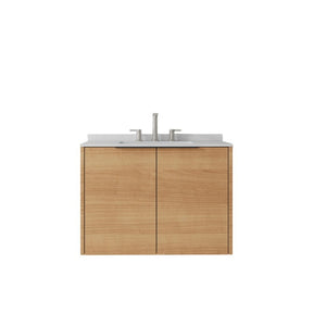 English Elm 30 Inch Wall Mounted Bathroom Vanity with Cultured Marble Top and Soft Close Door Oak Carrara White - A B2775S00105