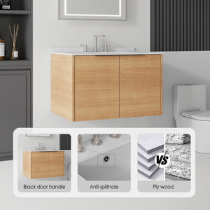 English Elm 30 Inch Wall Mounted Bathroom Vanity with Cultured Marble Top and Soft Close Door Oak Carrara White - A B2775S00105