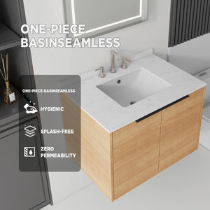 English Elm 30 Inch Wall Mounted Bathroom Vanity with Cultured Marble Top and Soft Close Door Oak Carrara White - A B2775S00105