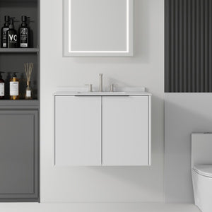 English Elm 30 Inch Wall Mounted Bathroom Vanity with Cultured Marble Top and Soft Close Door White Carrara White B2775S00106