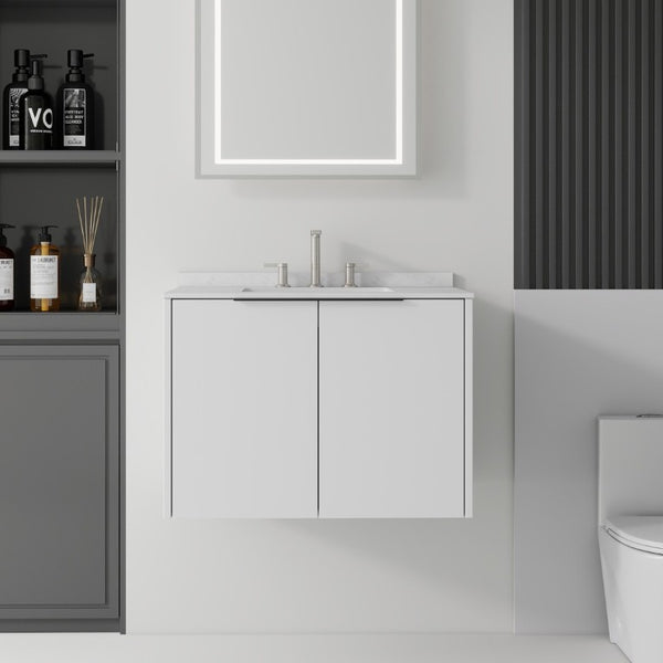 English Elm 30 Inch Wall Mounted Bathroom Vanity with Cultured Marble Top and Soft Close Door White Carrara White B2775S00106