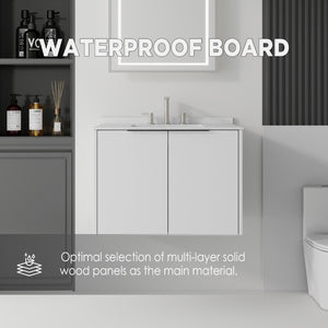 English Elm 30 Inch Wall Mounted Bathroom Vanity with Cultured Marble Top and Soft Close Door White Carrara White B2775S00106