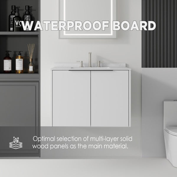 English Elm 30 Inch Wall Mounted Bathroom Vanity with Cultured Marble Top and Soft Close Door White Carrara White B2775S00106