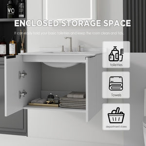 English Elm 30 Inch Wall Mounted Bathroom Vanity with Cultured Marble Top and Soft Close Door White Carrara White B2775S00106