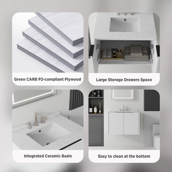 English Elm 30 Inch Wall Mounted Bathroom Vanity with Cultured Marble Top and Soft Close Door White Carrara White B2775S00106