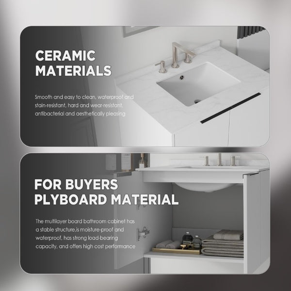 English Elm 30 Inch Wall Mounted Bathroom Vanity with Cultured Marble Top and Soft Close Door White Carrara White B2775S00106