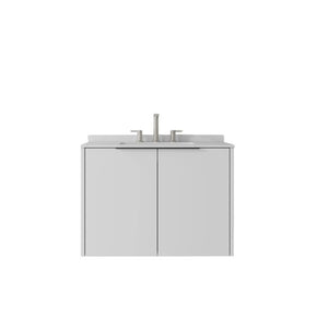 English Elm 30 Inch Wall Mounted Bathroom Vanity with Cultured Marble Top and Soft Close Door White Carrara White B2775S00106