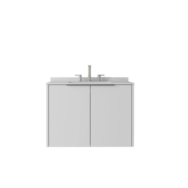 English Elm 30 Inch Wall Mounted Bathroom Vanity with Cultured Marble Top and Soft Close Door White Carrara White B2775S00106