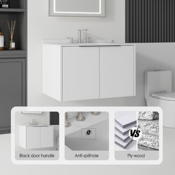 English Elm 30 Inch Wall Mounted Bathroom Vanity with Cultured Marble Top and Soft Close Door White Carrara White B2775S00106