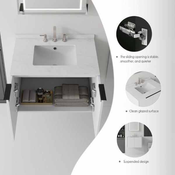 English Elm 30 Inch Wall Mounted Bathroom Vanity with Cultured Marble Top and Soft Close Door White Carrara White B2775S00106