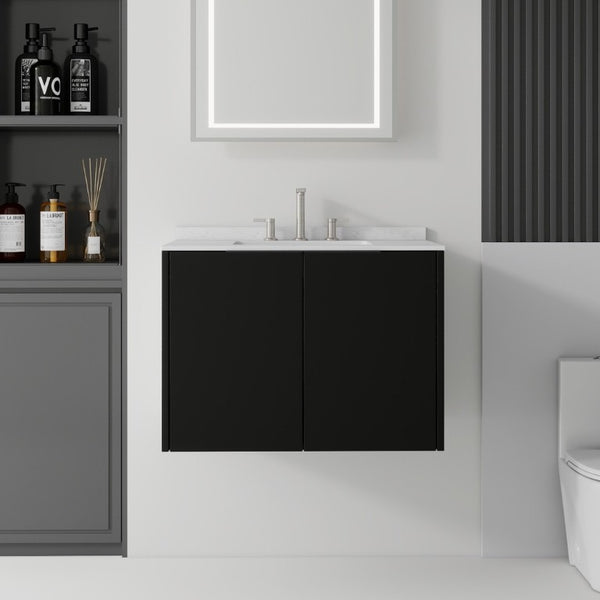 English Elm 30 Inch Wall Mounted Bathroom Vanity with Cultured Marble Top and Soft Close Door Black Carrara White B2775S00107