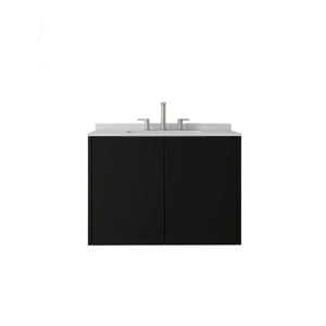 English Elm 30 Inch Wall Mounted Bathroom Vanity with Cultured Marble Top and Soft Close Door Black Carrara White B2775S00107
