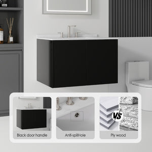 English Elm 30 Inch Wall Mounted Bathroom Vanity with Cultured Marble Top and Soft Close Door Black Carrara White B2775S00107
